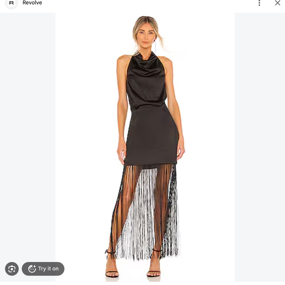 ELLIAT REVOLVE BEATRICE DRESS
Sleek Black Cowl Neck Maxi Dress with Fringe Hem